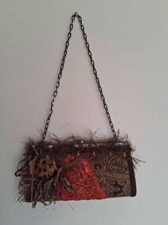 Unbranded Handbags - Shelley Wenum Designs Y2K Boho Tapestry Feather Trim Chain Shoulder Bag Purse